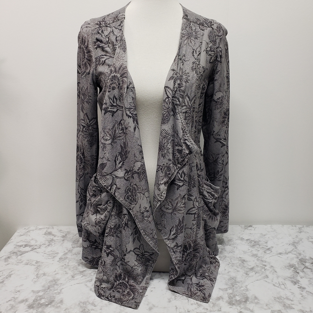 Knox Rose LS Duster Cardigan Waterfall Draped Kimono Style Floral Gray XS Boho